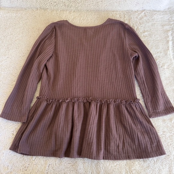 Mori Girl Waffle Knit Peplum Top Purple Mauve Long Sleeve V-Neck Ruffle Babydoll - Picture 4 of 8
